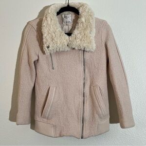 Zara Ivory Light Pink Wool Blend Fur Collar Zip Moto Jacket Zip XS
